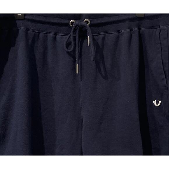 True Religion Sweat Shorts Mens Sz 3X Navy Elastic Waist Pockets Logo - Picture 2 of 11
